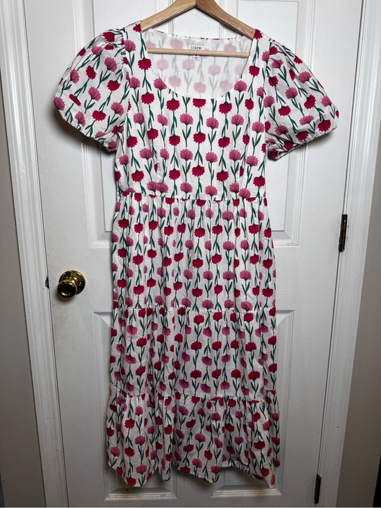 J. Crew Dresses & Skirts - J.Crew Floral Puff Sleeve Midi Dress Size 8 White Pink Cotton Tiered Pockets